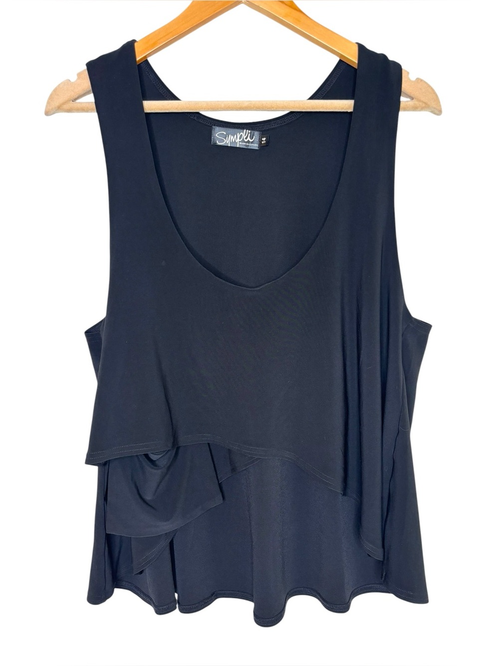 Sympli tank top crop high low black draped layered size 14